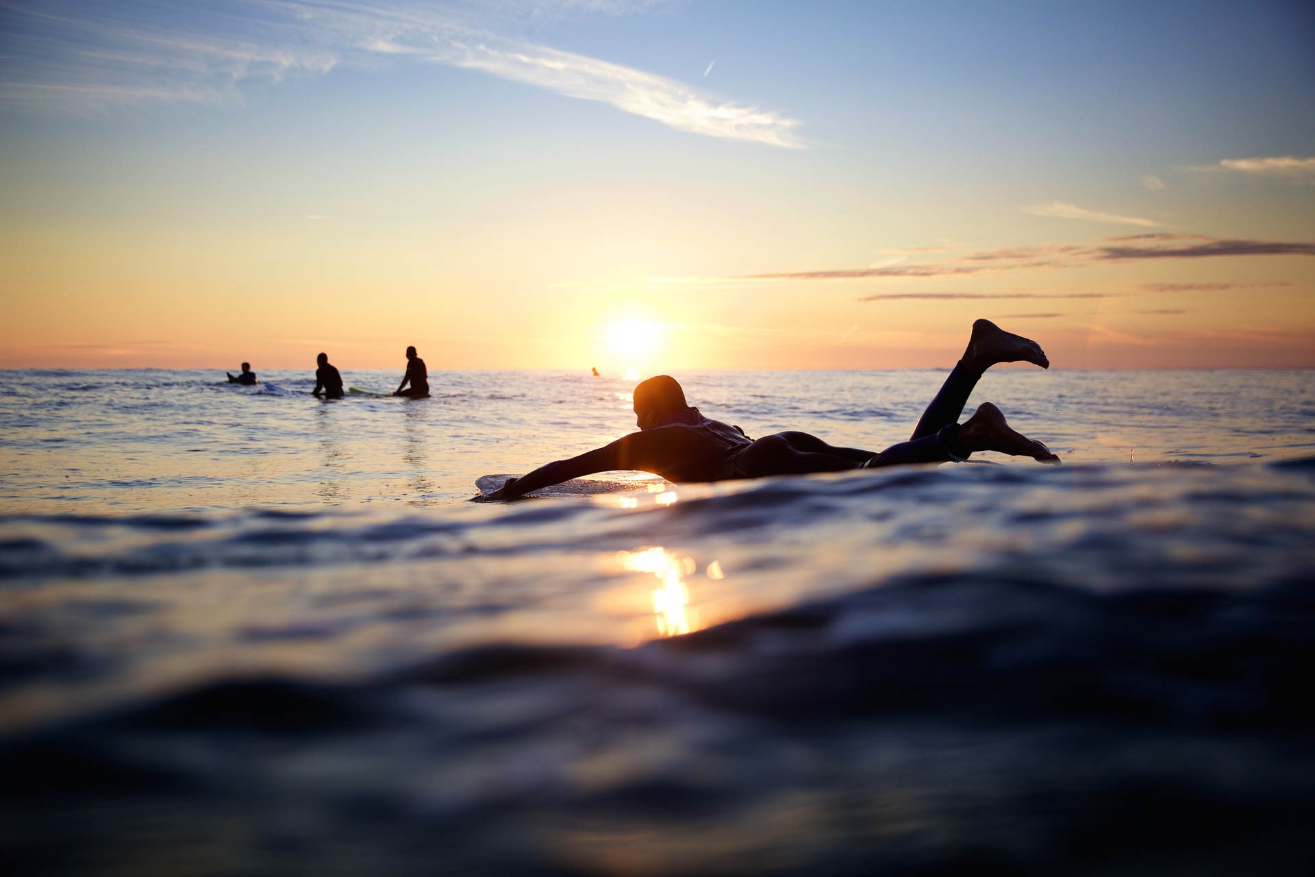 Surfers paddling at sunset